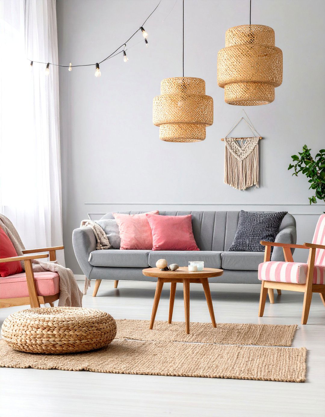 Coastal Pink and Grey Living Room with Natural Elements - 25 Pink and Grey Living Room Ideas