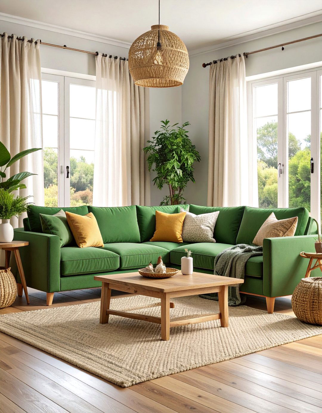 Coastal Retreat with Natural Textures - 25 Emerald Green Sofa Living Room Ideas