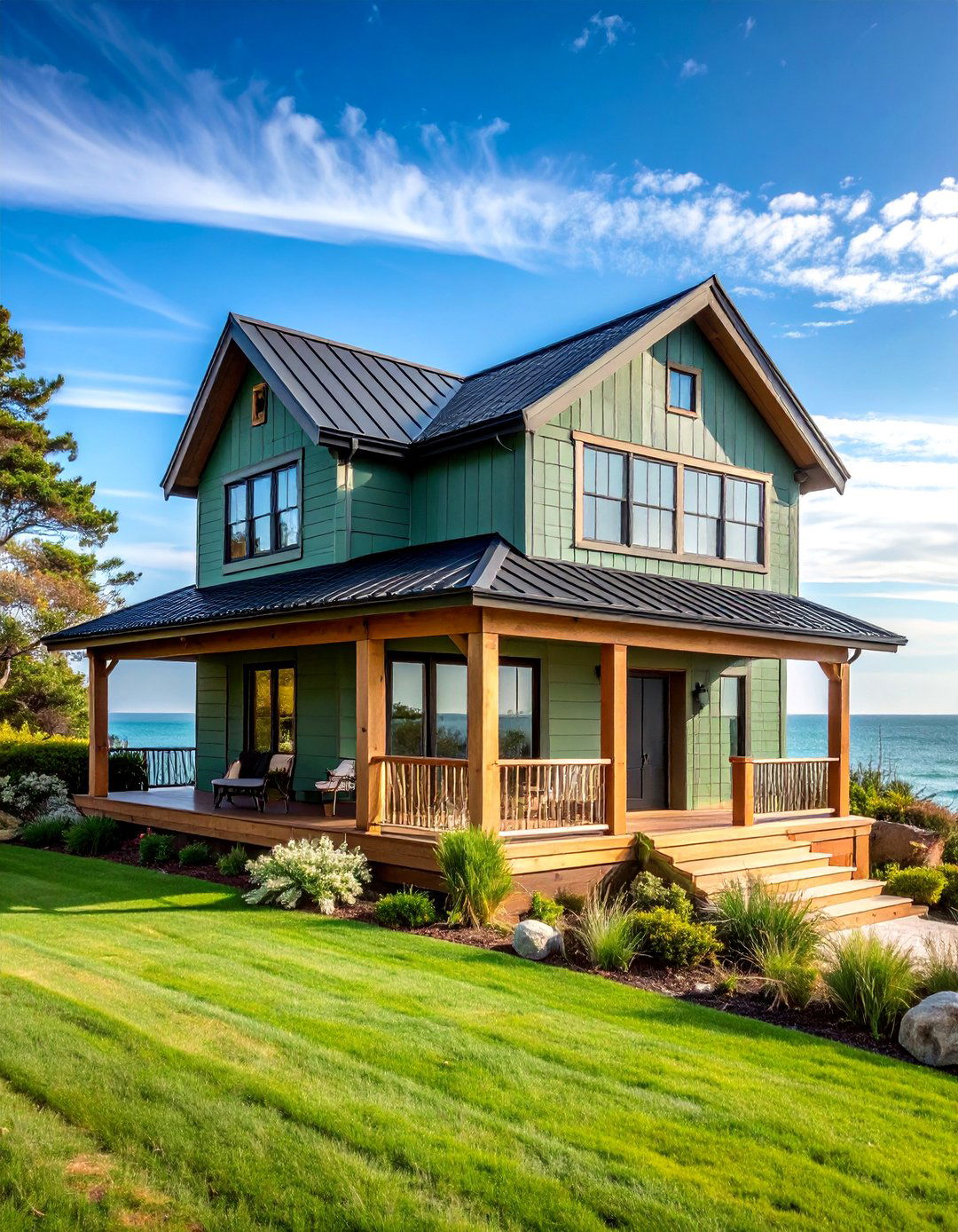 Coastal Sage Green House with Black Metal Roofing - 25 Sage Green House With Black Trim Ideas