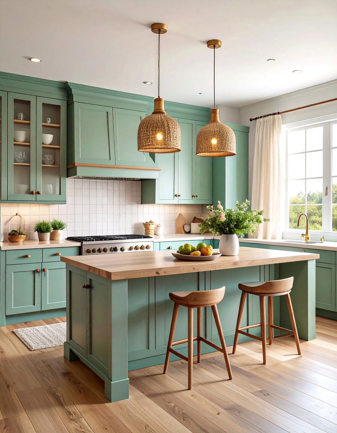 Coastal Sage Green Kitchen with Driftwood Style Butcher Block - 25 Sage Green Kitchen Cabinets With Butcher Block Countertops