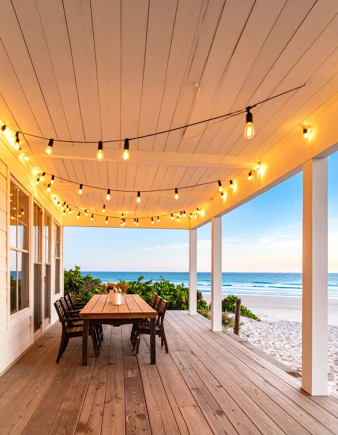 Coastal Shiplap Ceiling with String Lights - 25 patio ceiling ideas