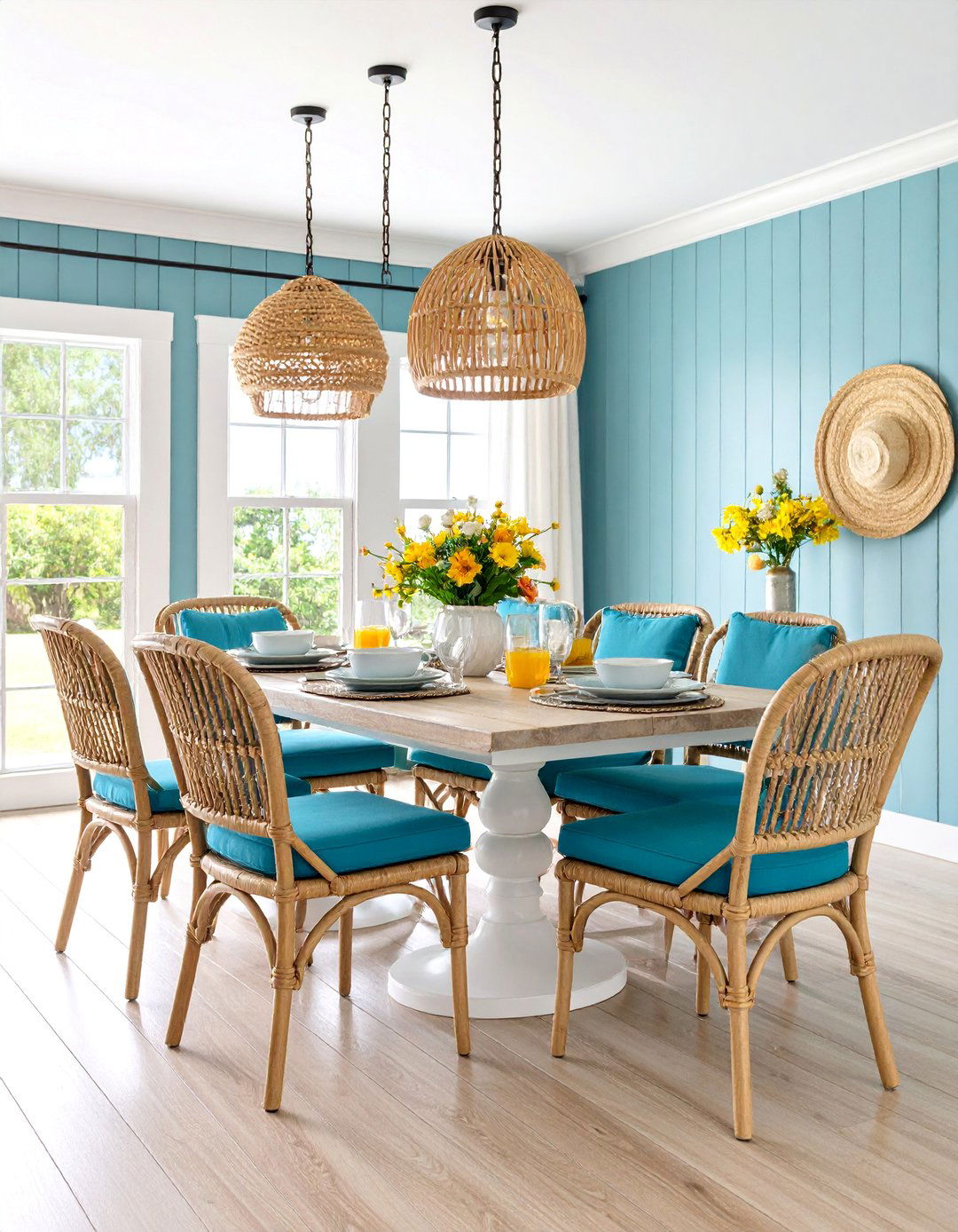 Coastal Shiplap Dining Room with Blue Accents - 25 Shiplap Dining Room Wall Ideas