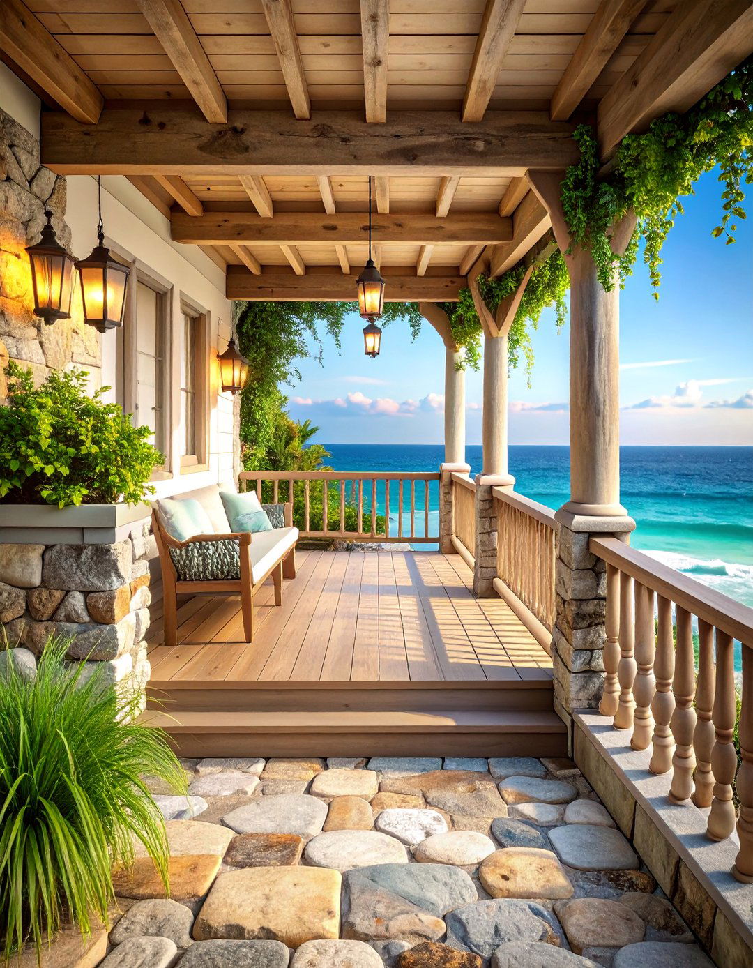 Coastal Stone Porch with Weathered Elements - 25 Stone Porch Ideas