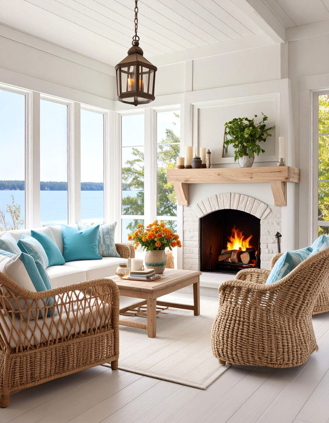 Coastal Sunroom with Driftwood Fireplace and Nautical Details - 25 Sunroom With Fireplace