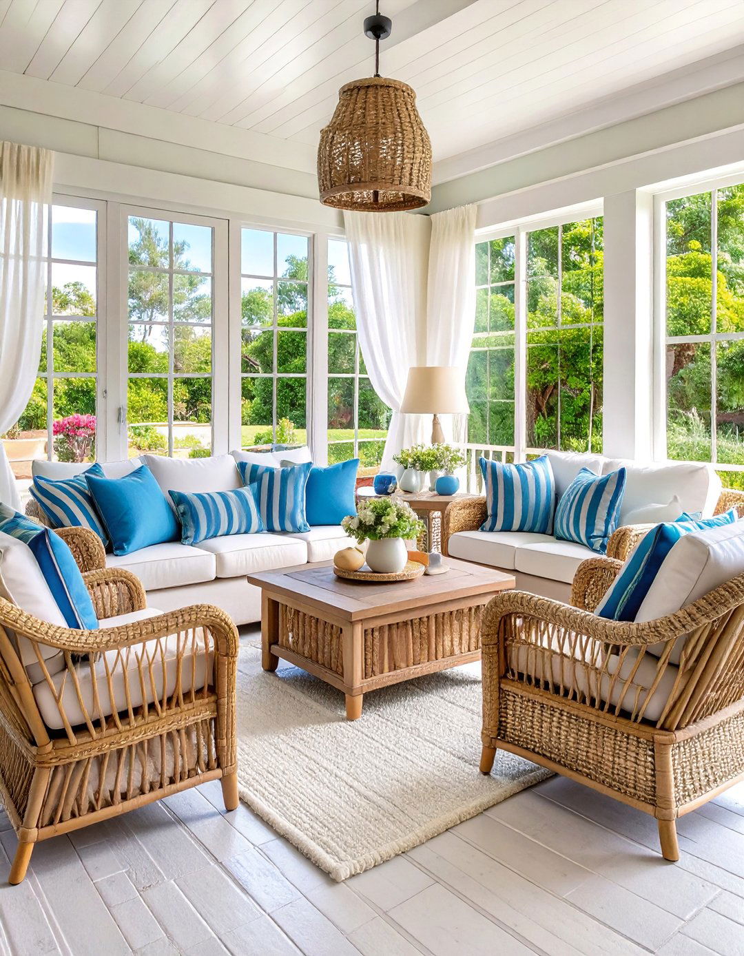 Coastal Sunroom with Whitewashed Brick Floors - 25 Brick Floor Sunroom Ideas
