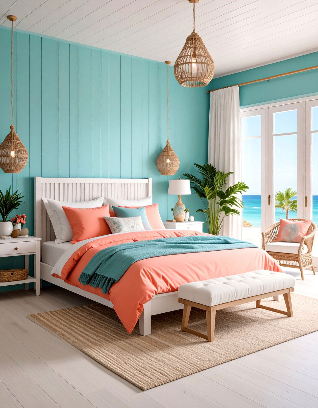 Coastal Teal and Coral Pink Bedroom with Natural Elements - 25 Teal and Pink Bedroom Ideas