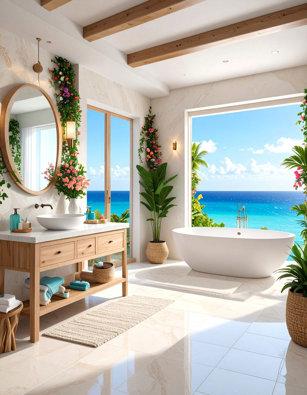 Coastal Travertine Bathroom with Ocean Inspired Elements - 25 Travertine Tile Bathroom Ideas