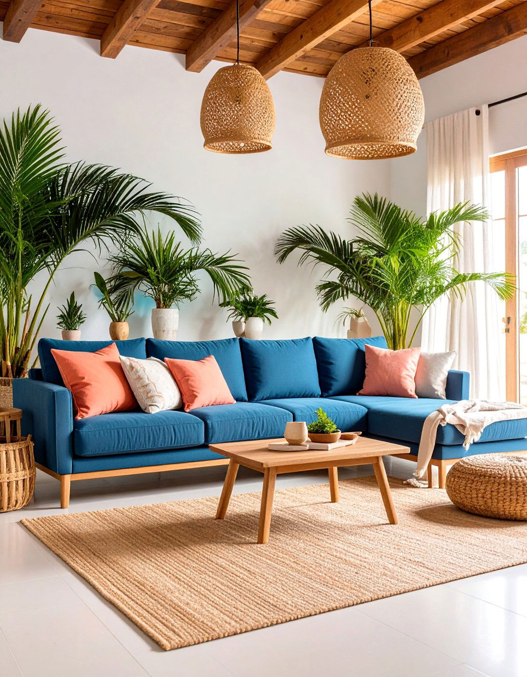 Coastal Tropical Living Room with Ocean Blues - 25 Tropical Living Room Ideas