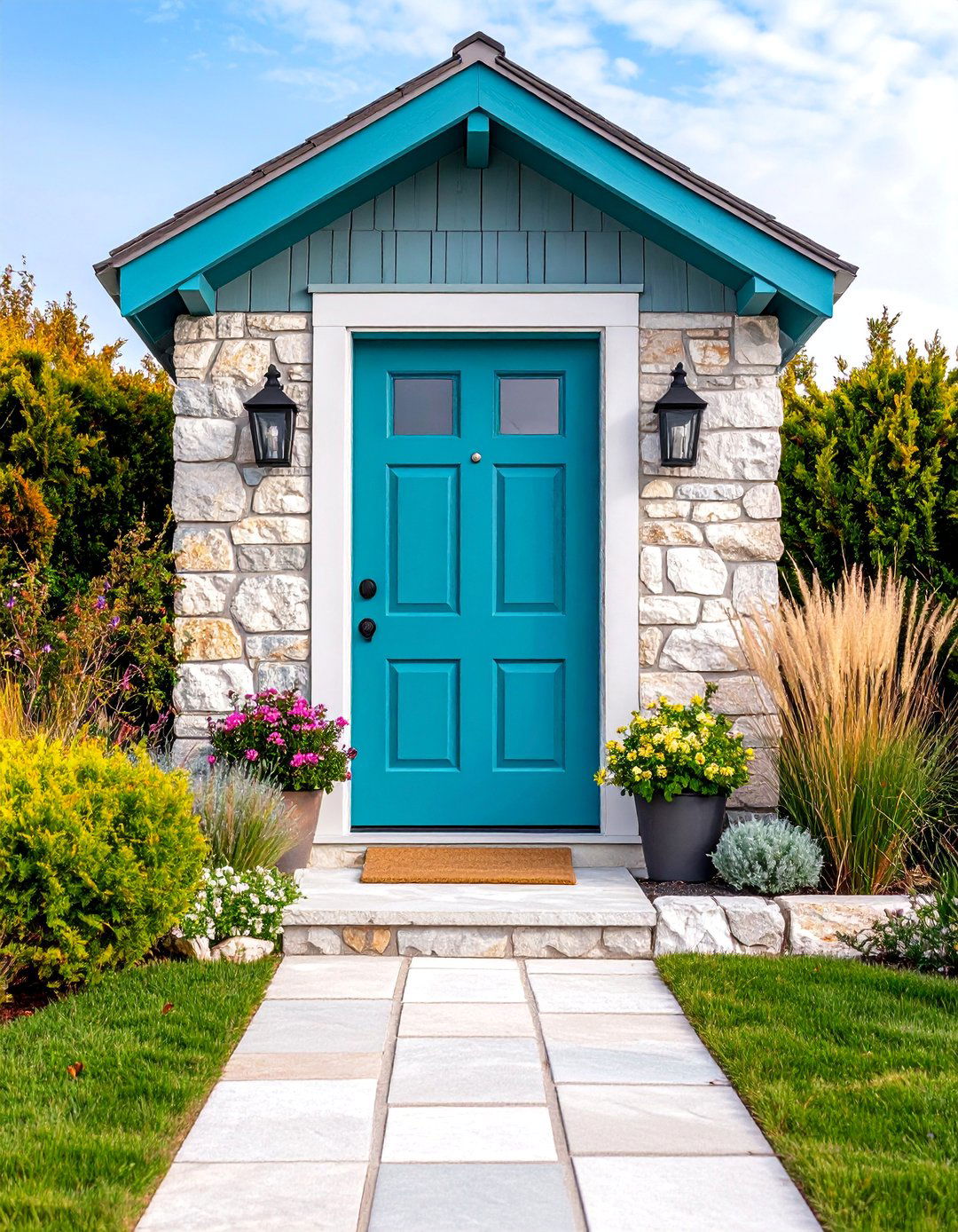 Coastal Turquoise Door with Natural Stone Surround - 25 Turquoise Front Door Ideas