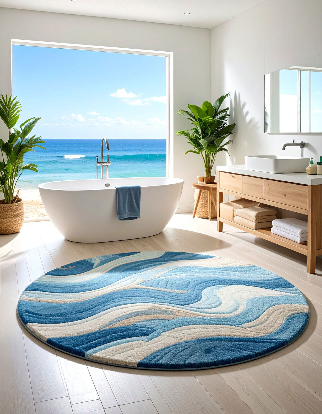 Coastal Wave Pattern Round Rug - 25 Bathroom Rug Ideas