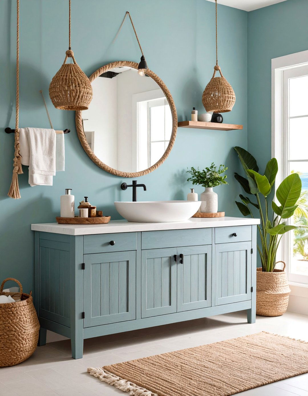 Coastal Weathered Grey Vanity with Rope Accents - 25 Grey Bathroom Vanity Design Ideas