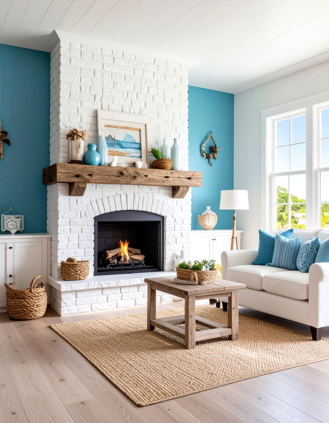 Coastal White Brick Fireplace with Weathered Wood Elements - 25 White Brick Fireplace Ideas