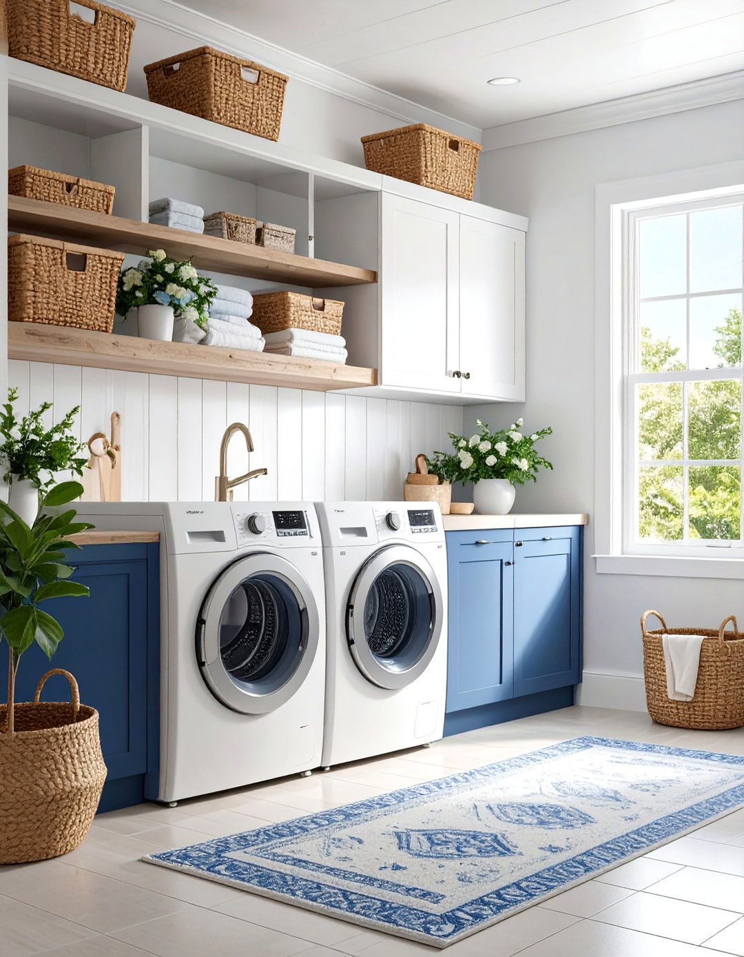 Coastal White Laundry Room with Navy Blue Accents - 25 White Laundry Room Ideas