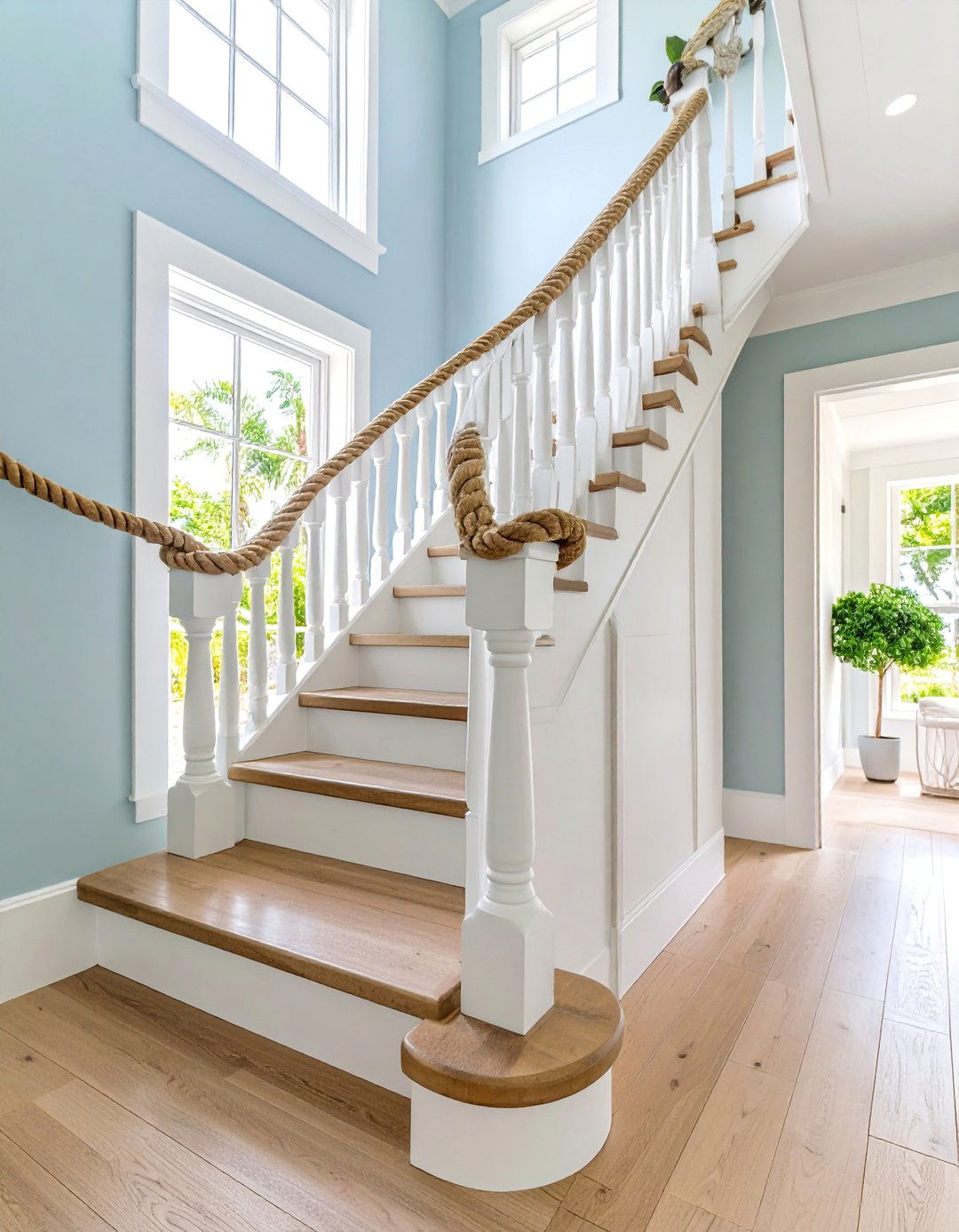 Coastal White Oak Staircase with Rope Details - 25 White Oak Staircase Ideas