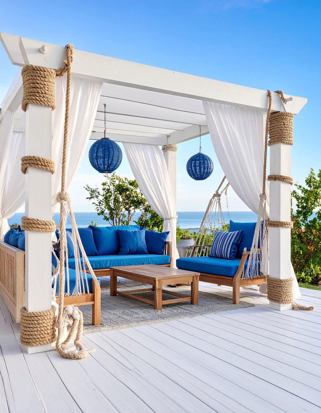 Coastal White Pergola with Nautical Rope Details - 25 Patio Pergola Ideas