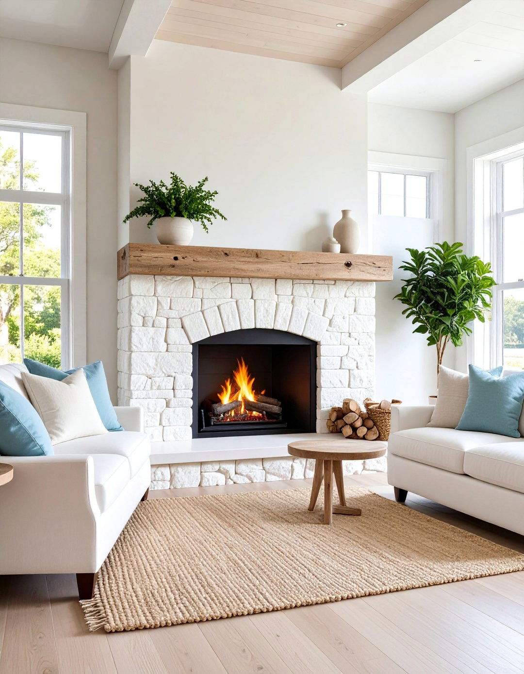 Coastal White Stone Fireplace with Driftwood Accents - 25 White Stone Fireplace Ideas