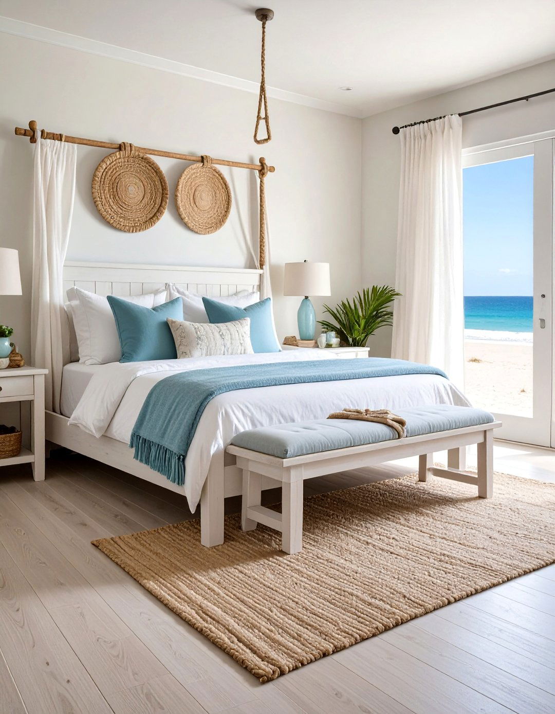 Coastal Whitewashed Bedroom Bench with Rope Accents - 25 Bedroom Bench Ideas