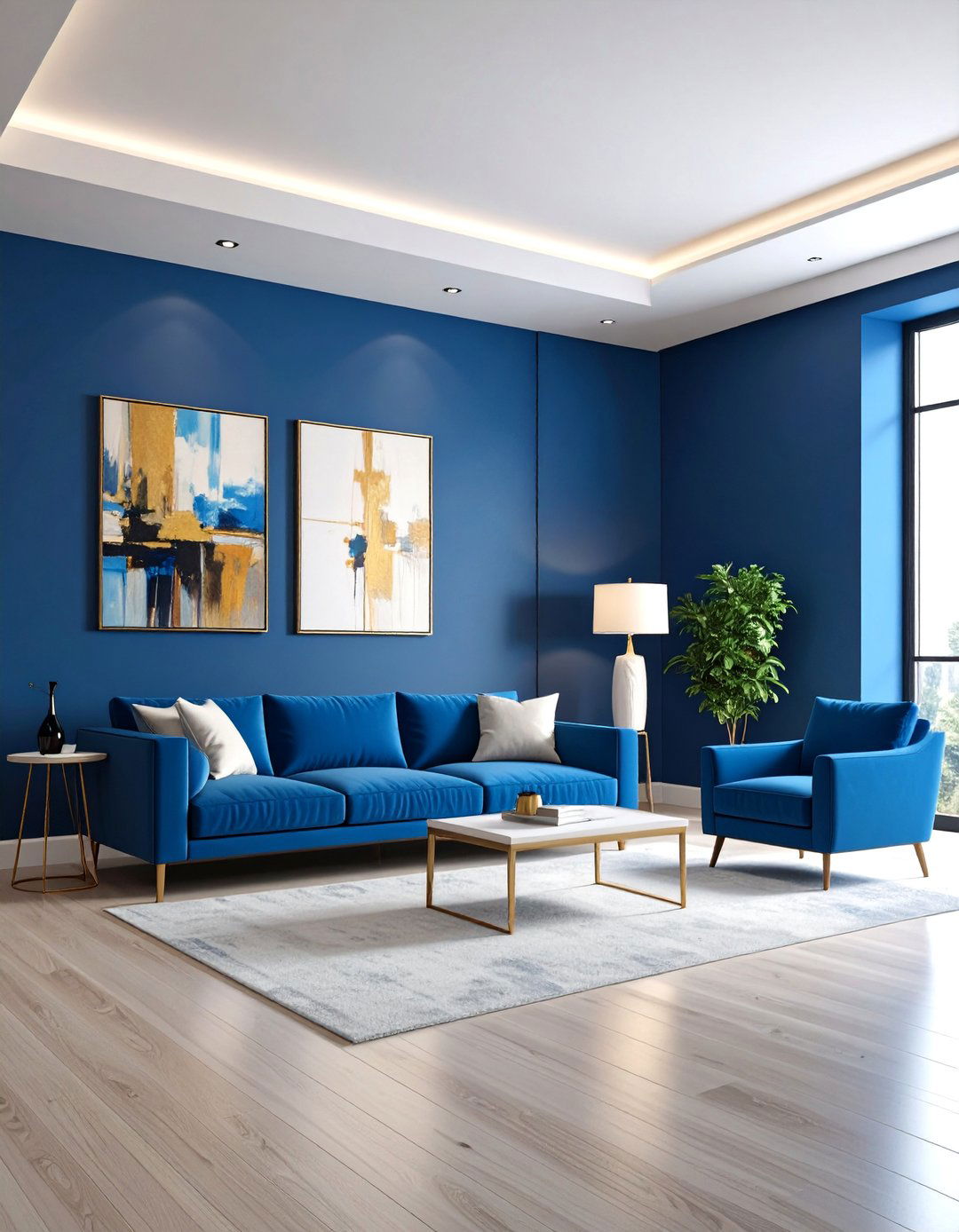 Cobalt Blue Accent Wall with Contemporary Art - 25 Blue Accent Wall Ideas