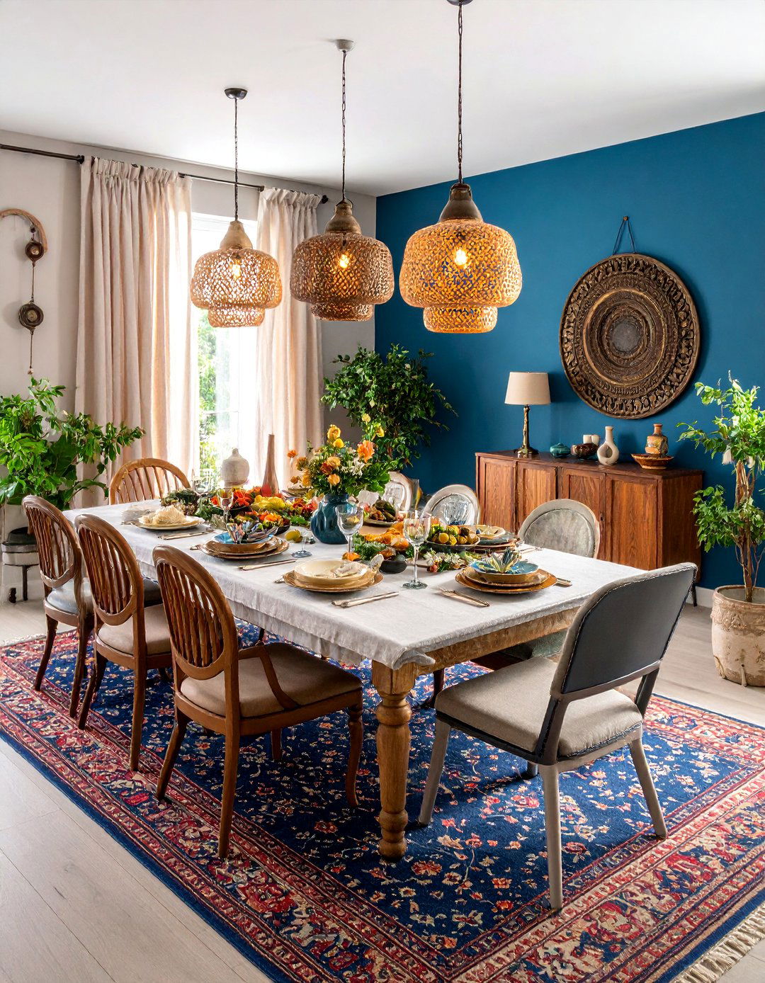 Cobalt Blue Eclectic Dining Room with Global Influences - 25 Blue Dining Room Ideas