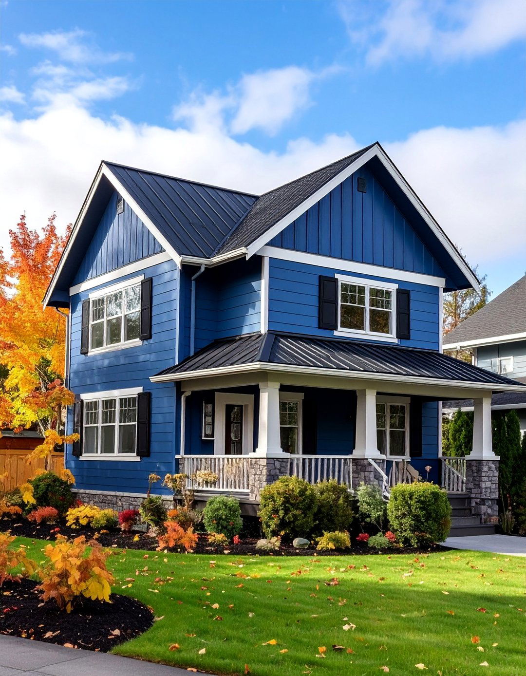 Cobalt Blue Two Story with Black Metal Roof - 25 Blue House With Black Trim Ideas