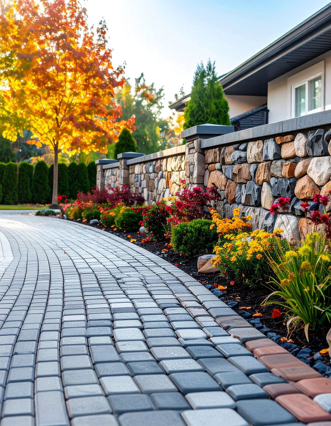 Cobblestone Driveway Border Wall - 25 Stone Wall Ideas