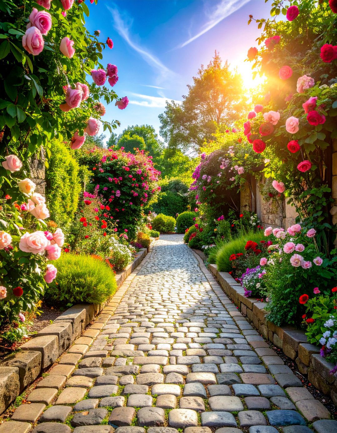 Cobblestone Driveway with English Garden Borders - 25 Driveway Landscape Ideas