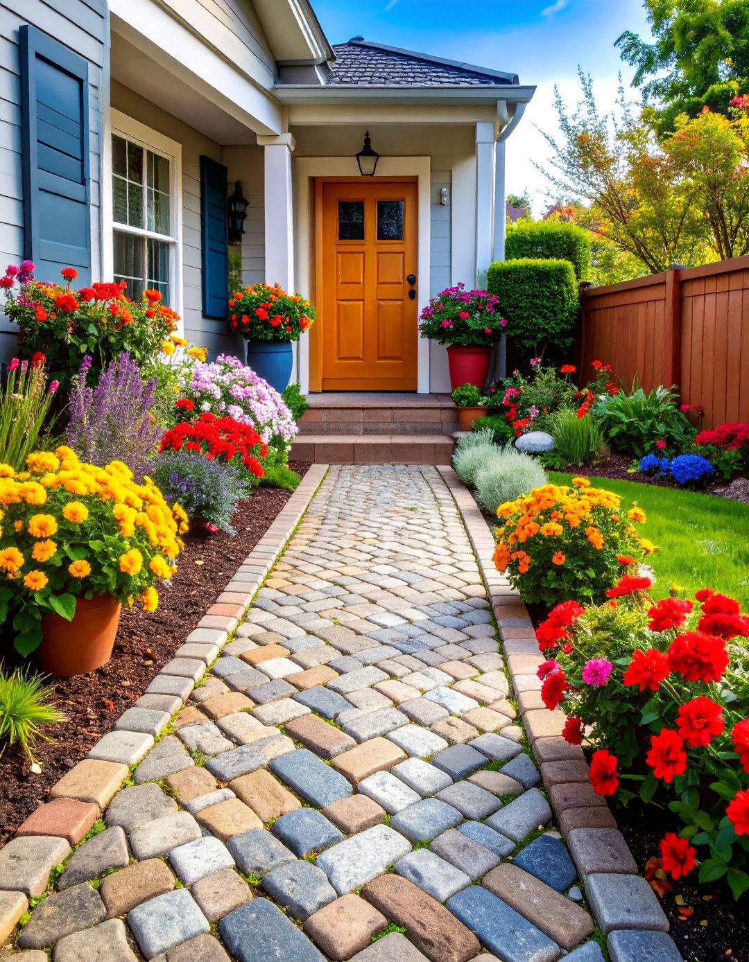 Cobblestone Herringbone Entrance Walkway - 25 Stone Walkway Ideas