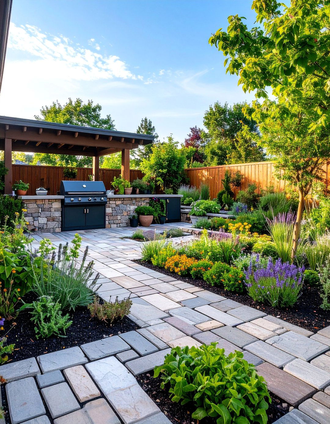 Cobblestone Patio with Integrated Herb Garden and Kitchen Area - 25 cobblestone patio ideas