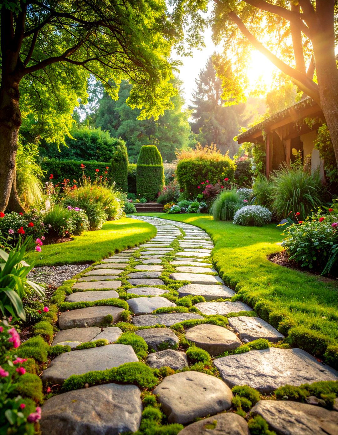 Cobblestone Patio with Moss Joints - 25 Rock Landscaping Ideas