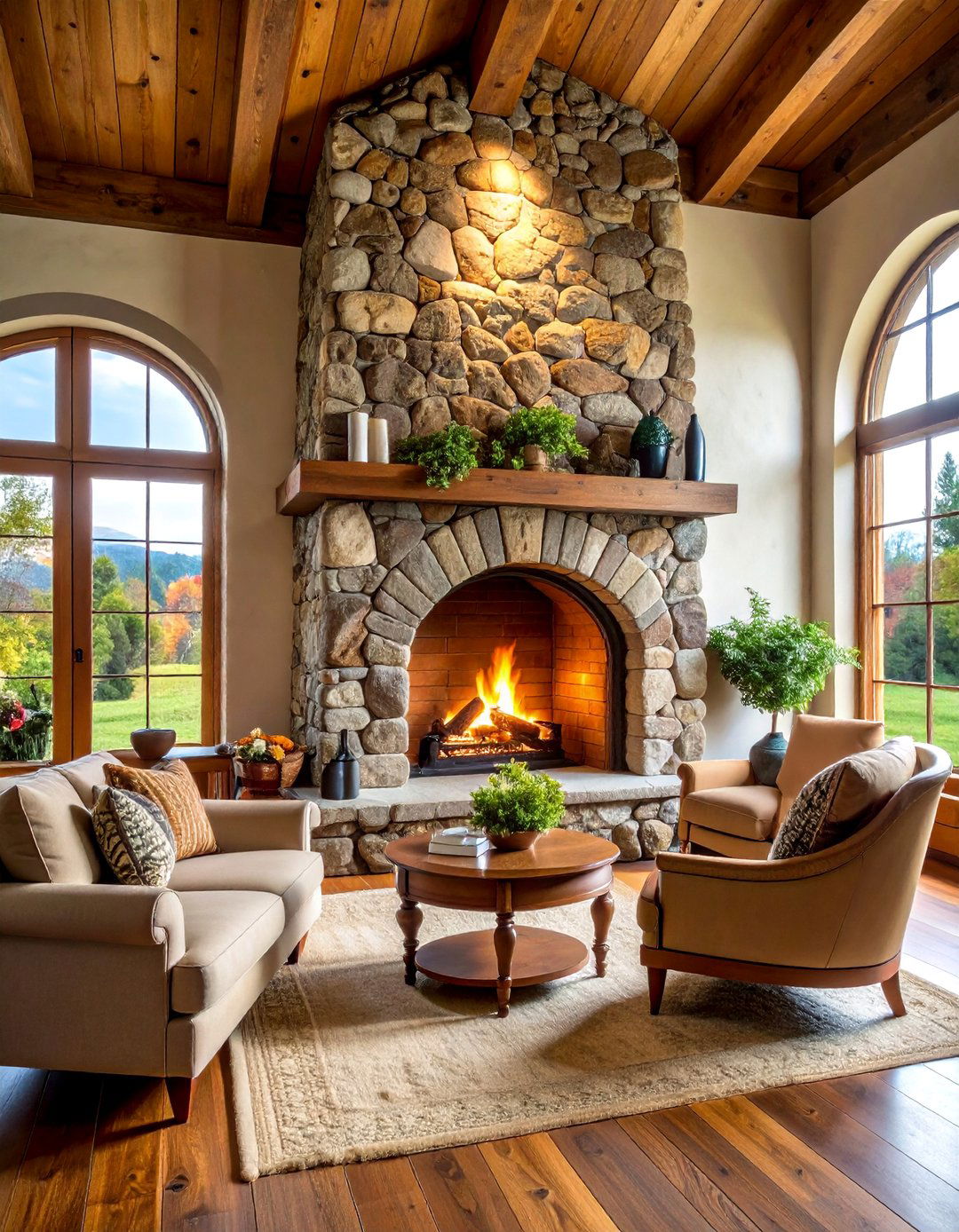 Cobblestone Two Story Fireplace with Arched Opening - 25 Two-story Fireplace Ideas
