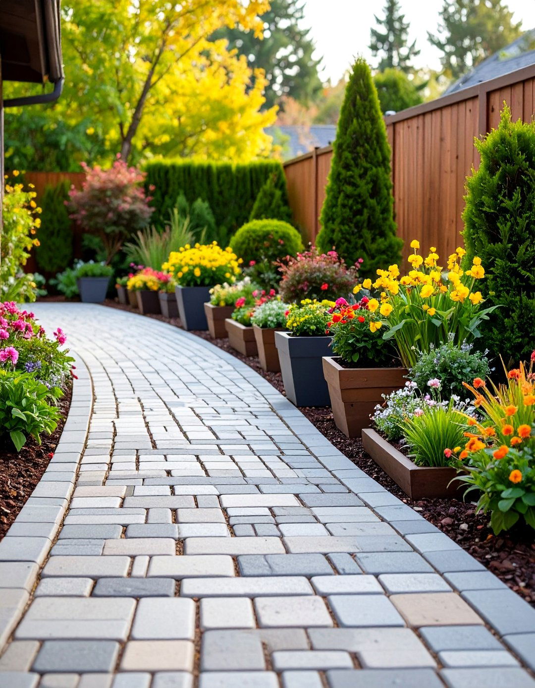 Cobblestone Walkway with Built in Planters - 25 Cobble Stone Walkway Ideas