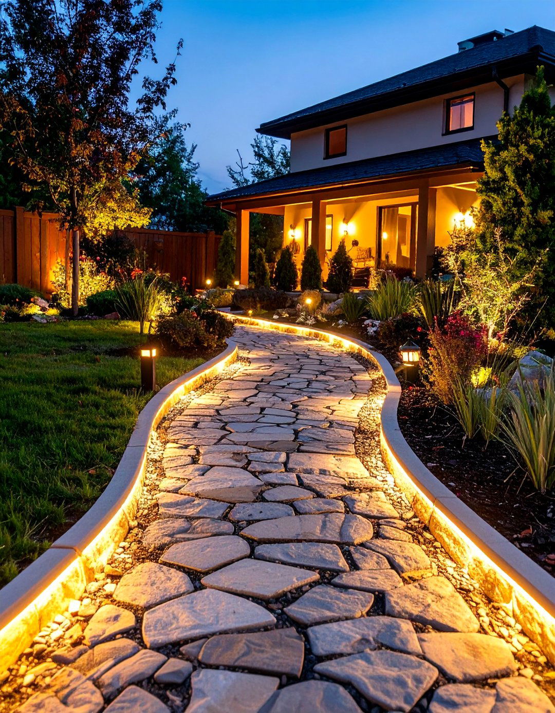 Cobblestone Walkway with Integrated Lighting - 25 Cobble Stone Walkway Ideas