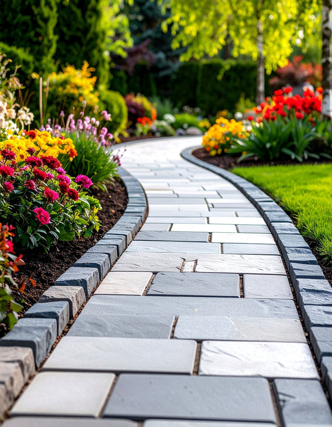 Cobblestone Walkway with Stone Edging Borders - 25 Cobble Stone Walkway Ideas