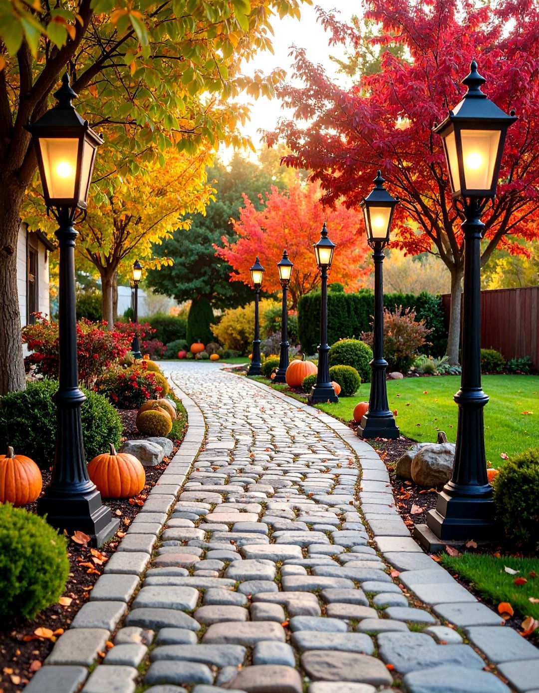 Cobblestone Walkway with Vintage Lamp Posts - 25 Farmhouse Walkway Ideas