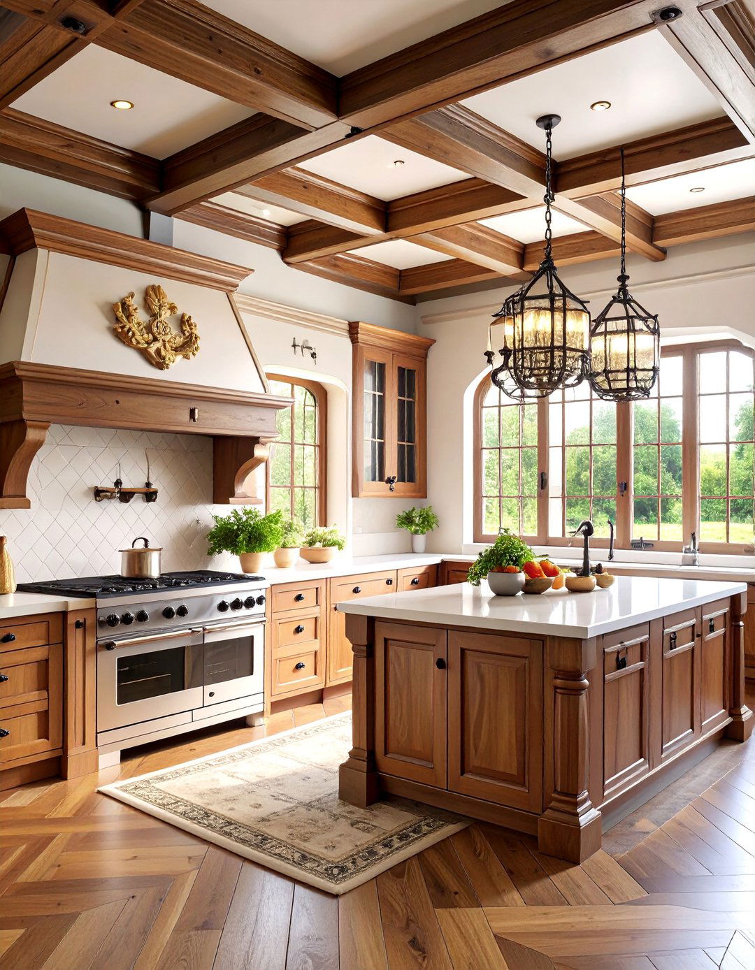 Coffered Ceiling Kitchen with Detailed Woodwork - 25 Tudor Kitchen Ideas