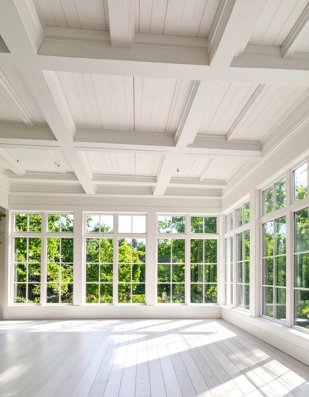 Coffered Sunroom Ceiling with Decorative Panel Details - 25 Sunroom Ceiling Ideas