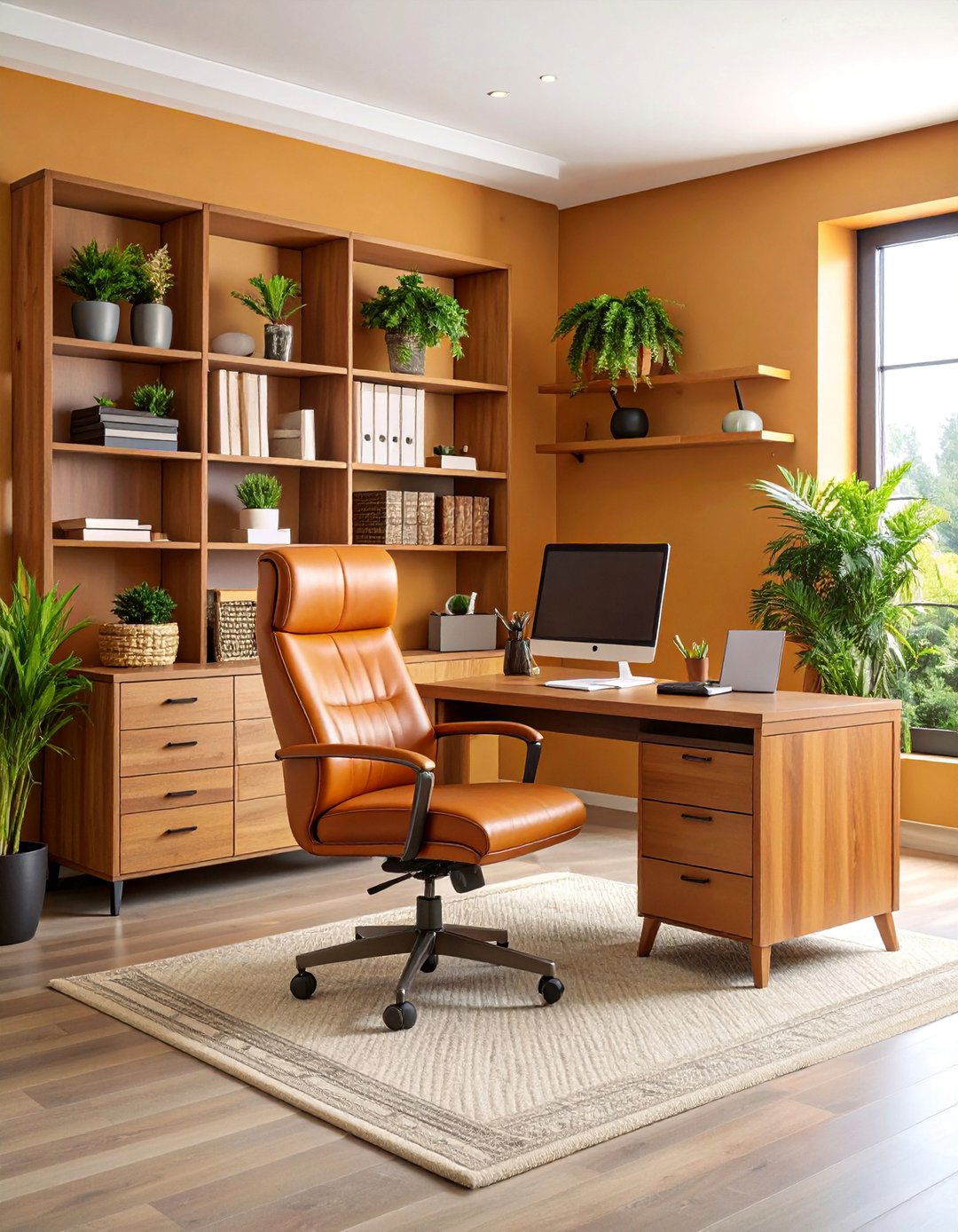 Cognac Leather Accents Home Office with Natural Storage - 25 Bohemian Desert Decor Ideas