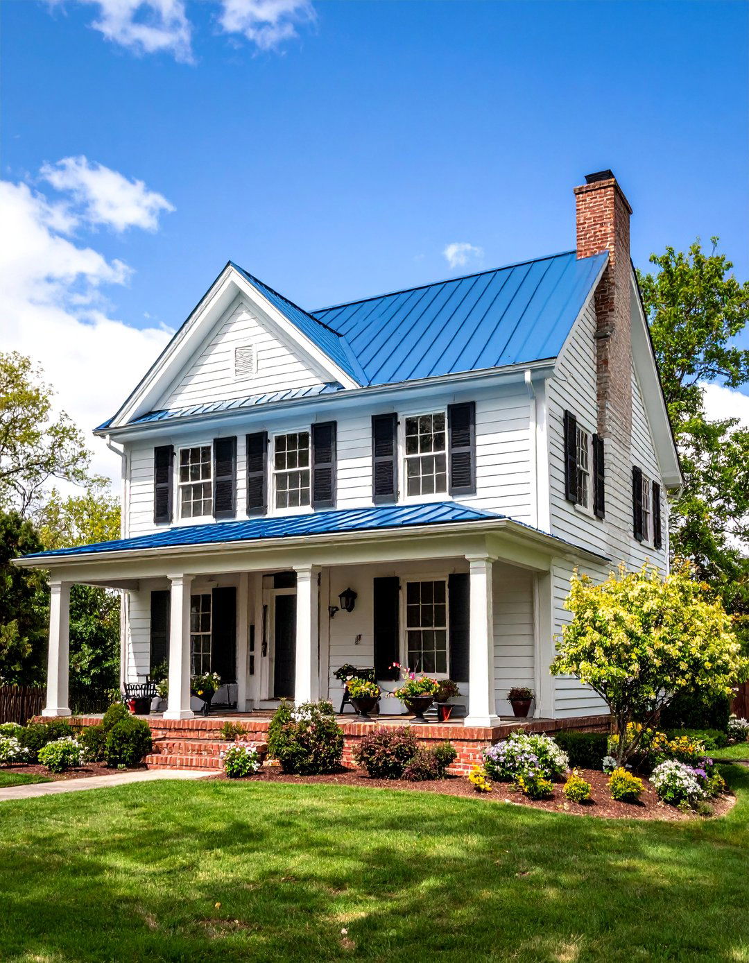 Colonial Blue Metal Roof Home with Brick Foundation - 25 houses with blue metal roofs