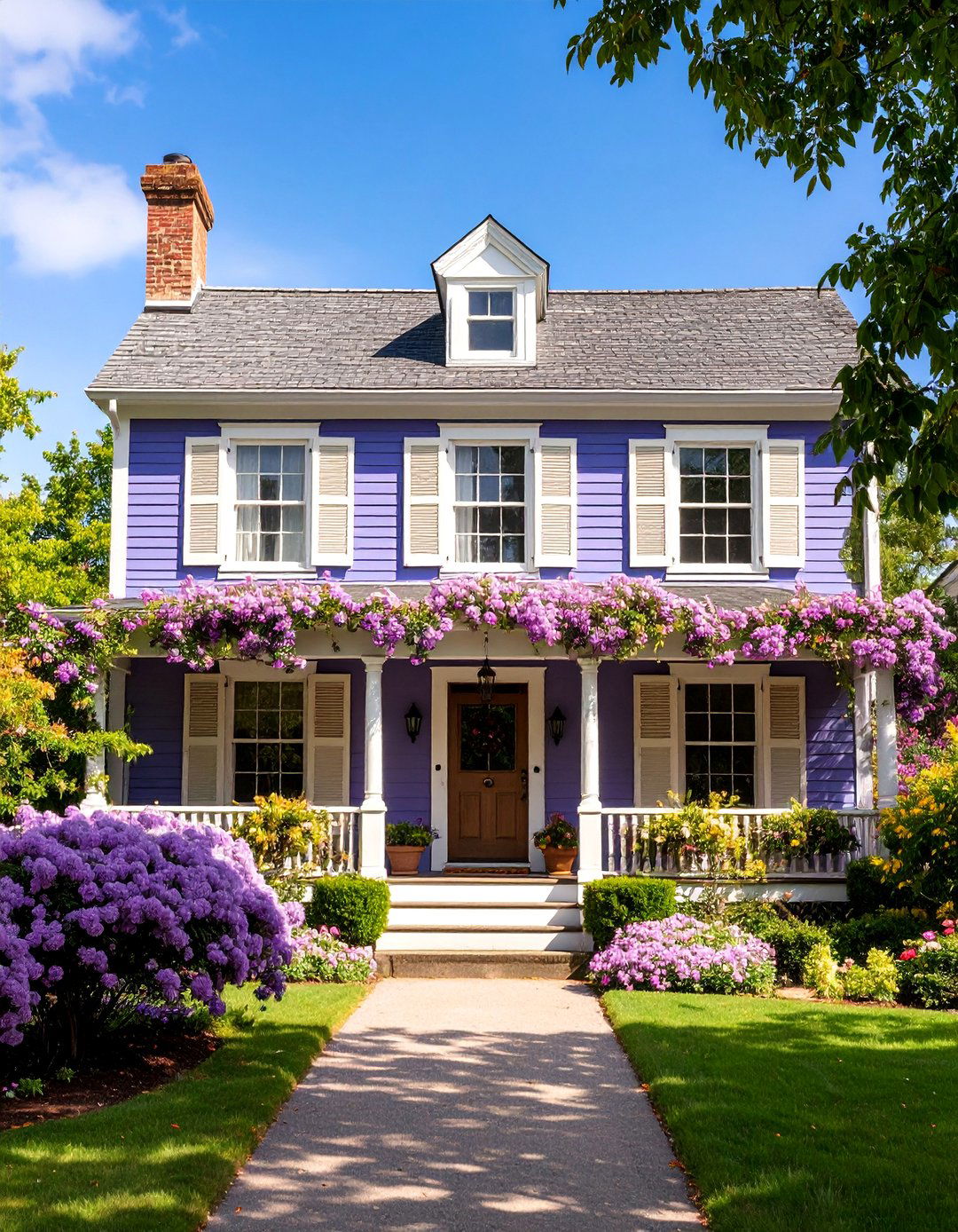 Colonial Eggplant with Cream Shutters - 25 Purple House Exterior Ideas