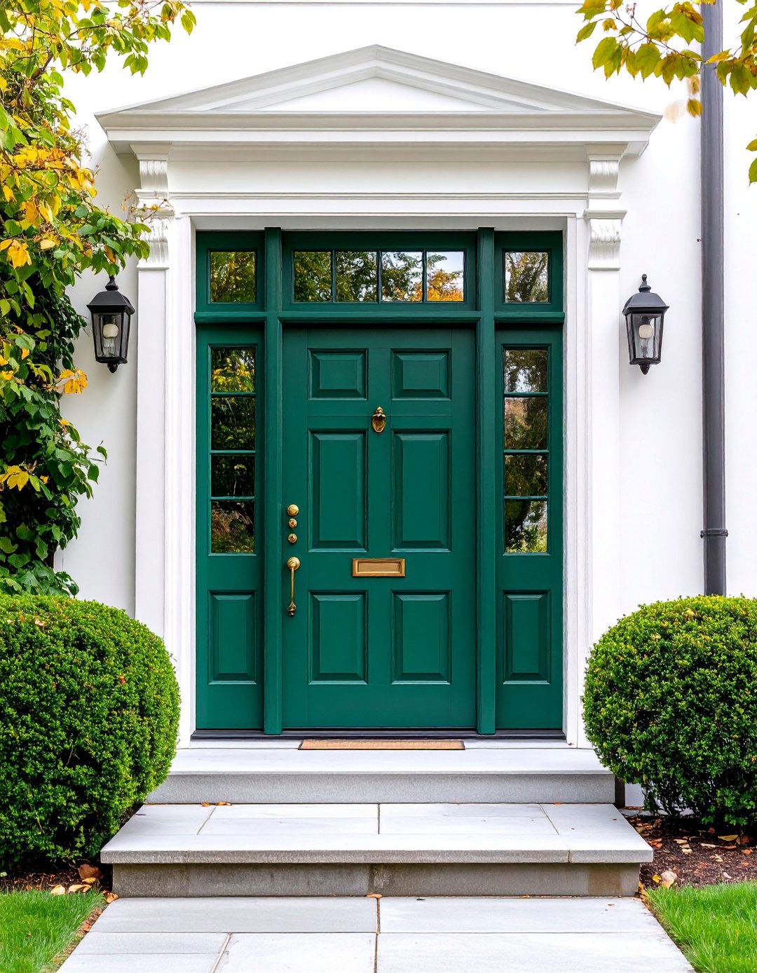 Colonial Emerald Green Front Door with Symmetrical Sidelights - 25 Emerald Green Front Door Ideas