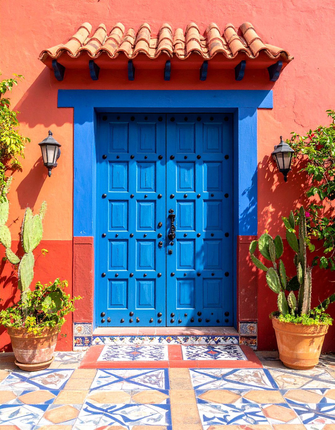 Colonial Mexican Painted Door with Folk Art Details - 25 Spanish Style Front Door Ideas