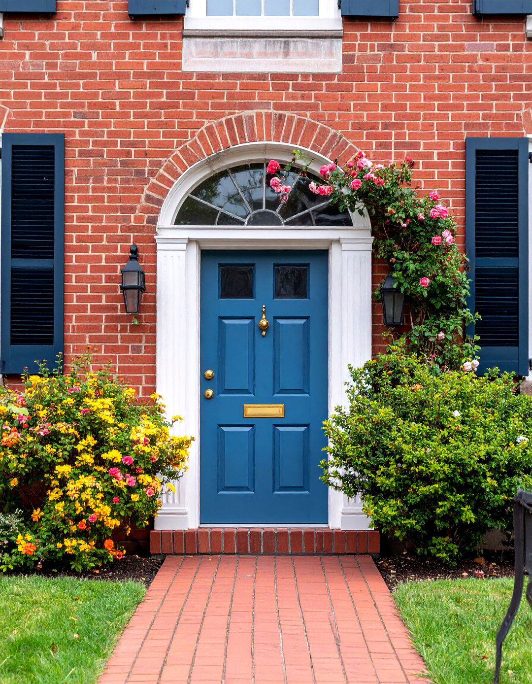 Colonial Mustard Door with Brick and Navy Shutters - 25 Mustard Yellow Front Door Ideas