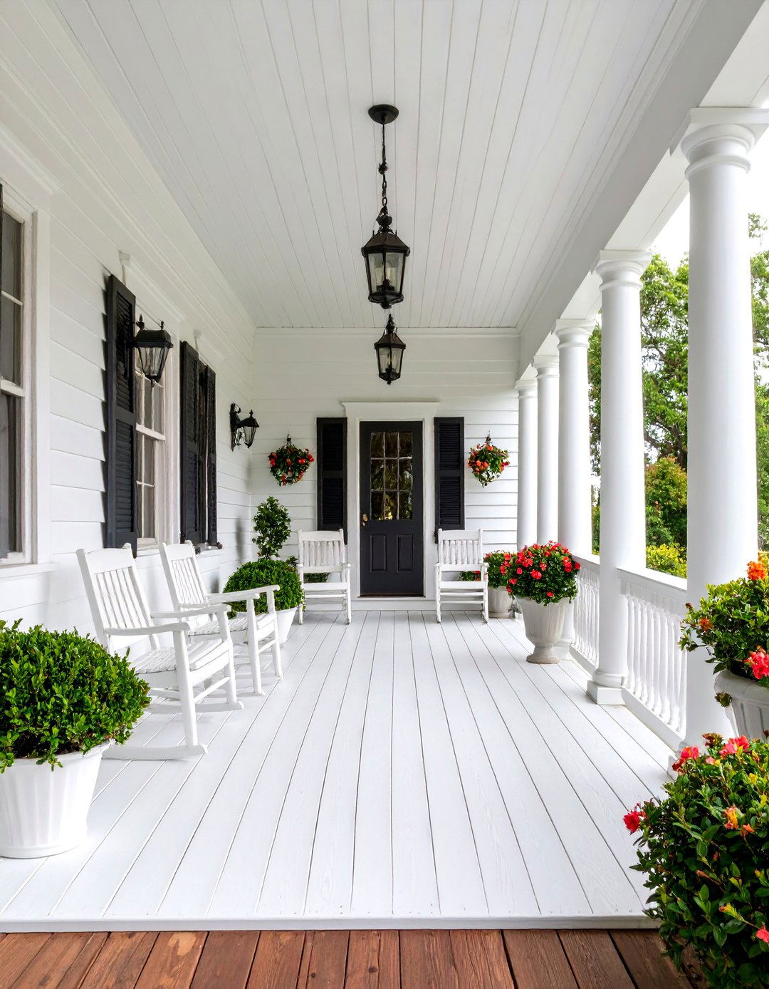 Colonial Revival Covered Porch with White Columns - 25 Covered Porch Ideas