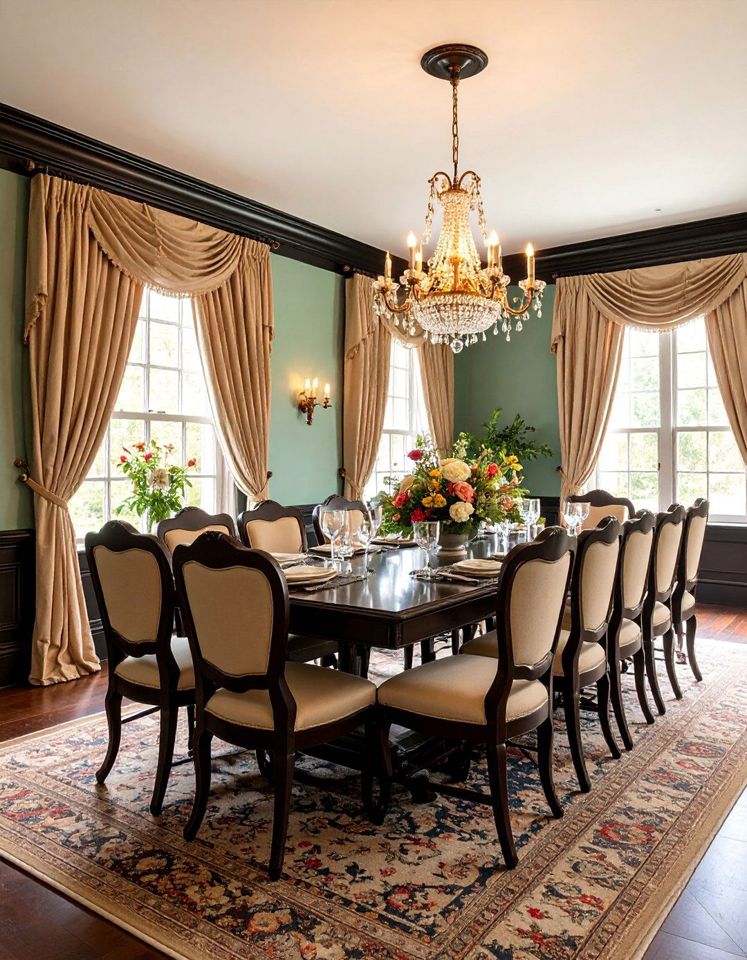 Colonial Revival Dining Room with Black Chair Rail Trim - 25 Black Trim Interiors