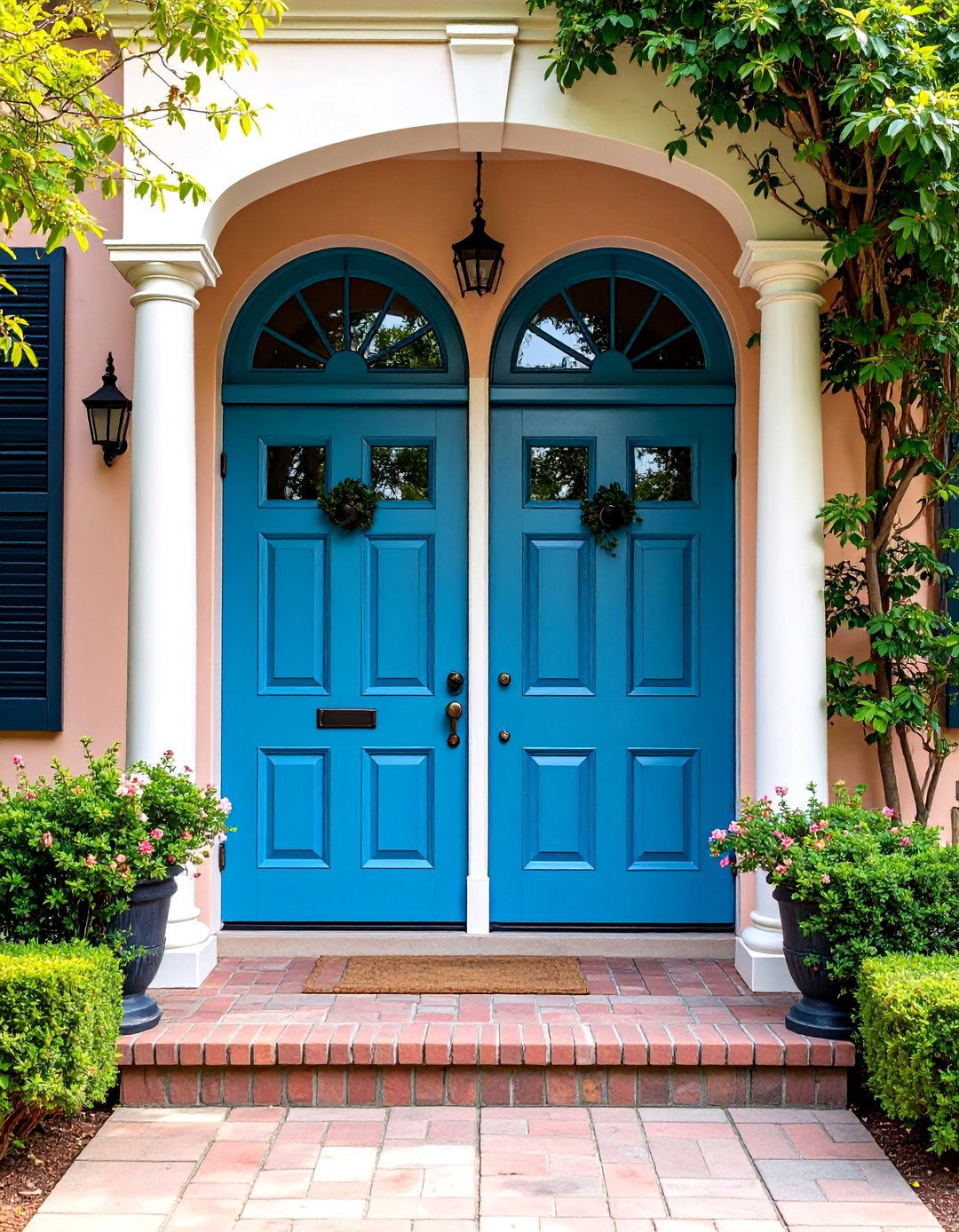 Colonial Revival Double Doors with Fanlights - 25 Double Front Door Ideas