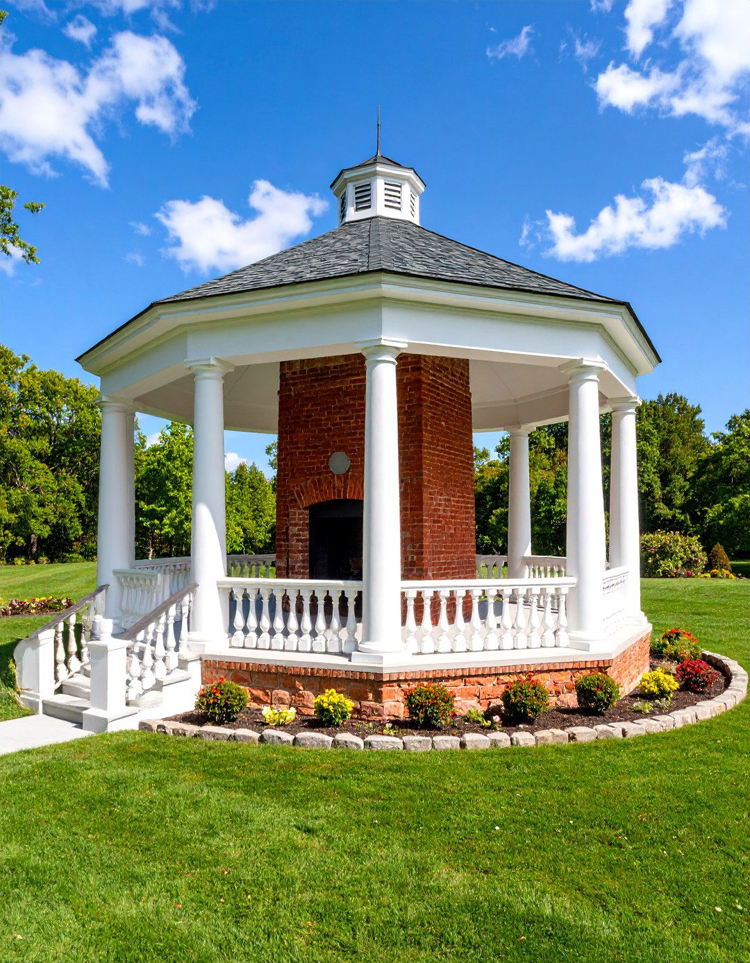 Colonial Revival Pavilion with Traditional Brick Fireplace - 25 Backyard Pavilion With Fireplace