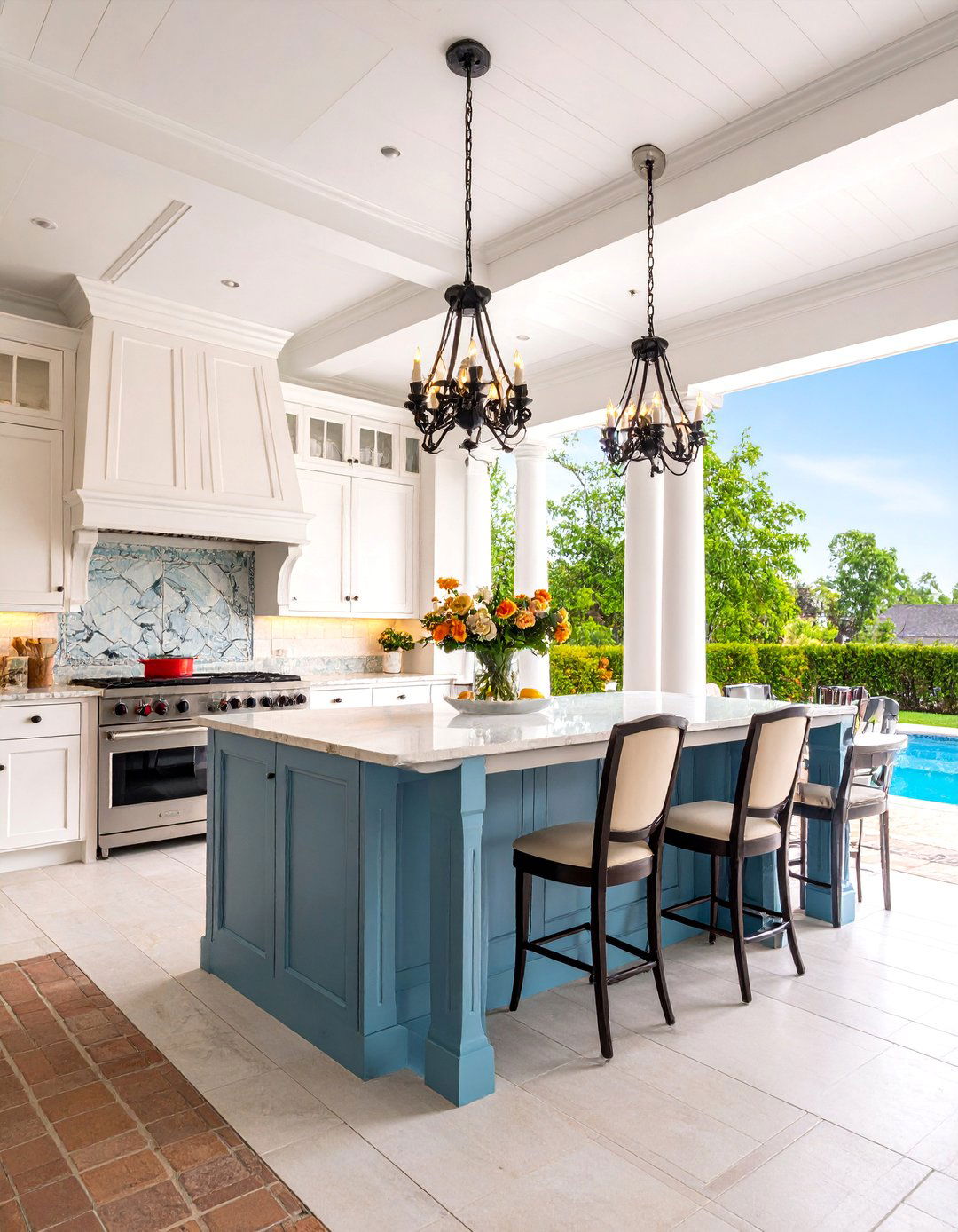 Colonial Revival Pool House with Traditional Kitchen Elements - 25 Pool House With Outdoor Kitchen Ideas