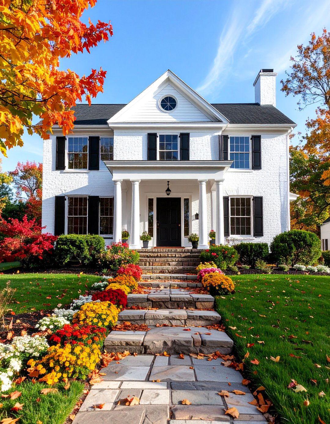 Colonial Revival White Brick House with Black Front Door - 25 White House Ideas With Black Doors
