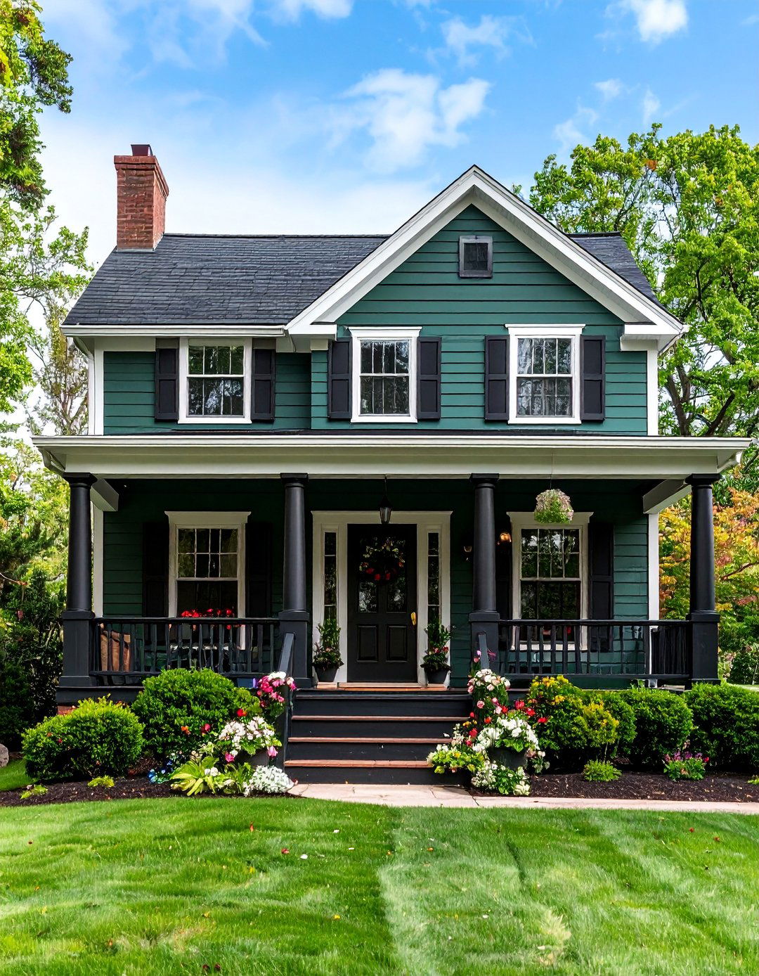 Colonial Revival with Black Columned Porch - 25 Dark Olive Green House With Black Trim