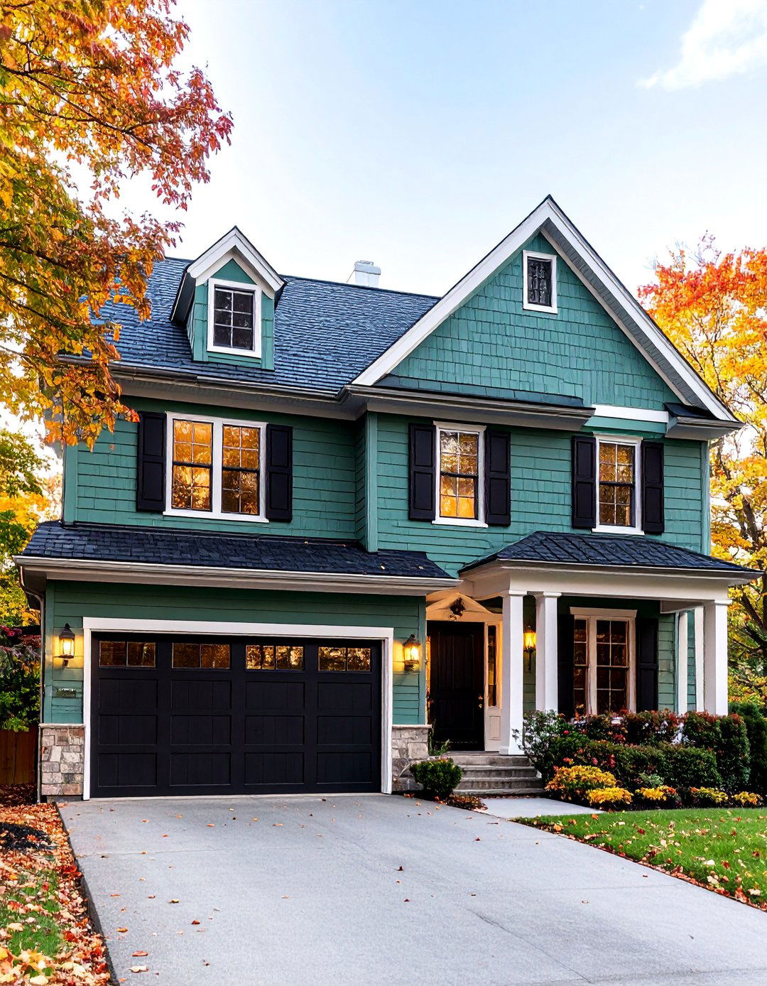 Colonial Revival with Black Garage Door - 25 Sage Green House With Black Door
